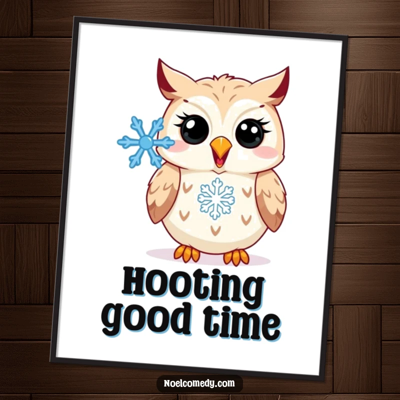 Funny Poster: A happy owl hooting with a snowflake, bringing winter cheer and humorous wisdom to wall art.