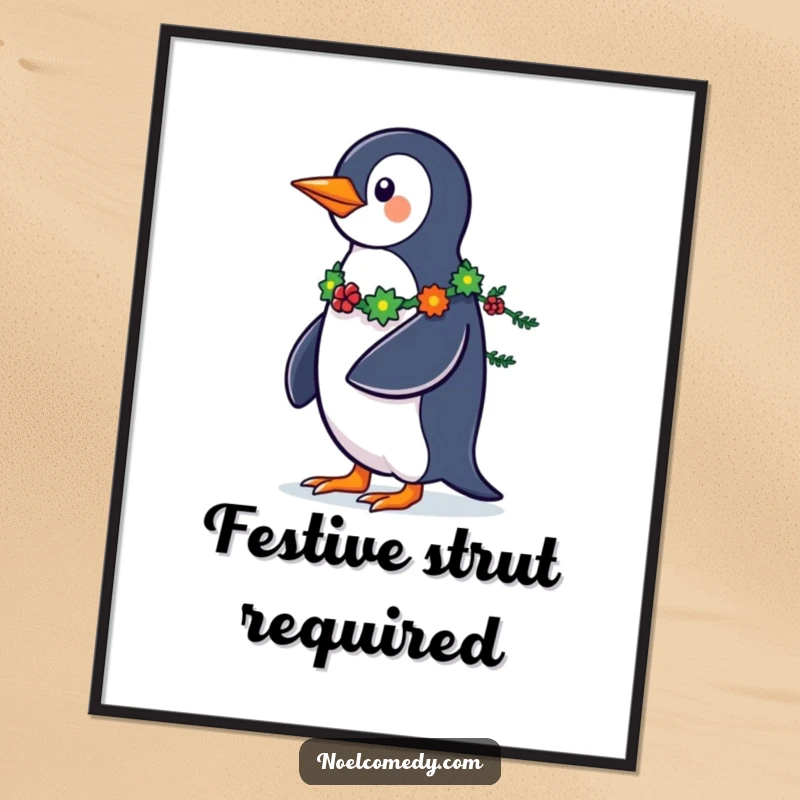 Funny Penguin Poster: A strutting penguin with a vibrant garland tail, creating a festive and humorous piece of wall art.