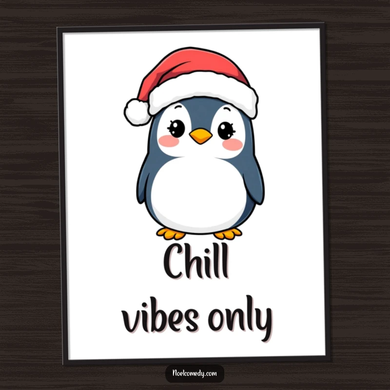 Funny Poster: A happy penguin wearing a Santa hat, spreading holiday cheer and charming smiles on your wall.