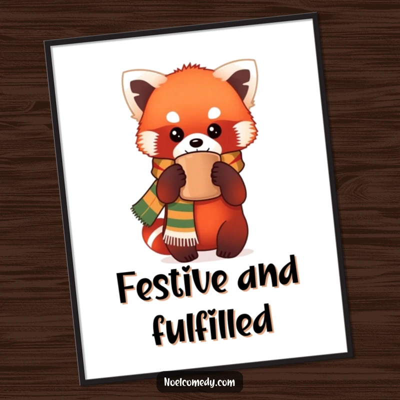 Funny Poster: A beautifully illustrated red panda wears a festive scarf and holds a warm mug, creating a heartwarming and humorous wall decoration.