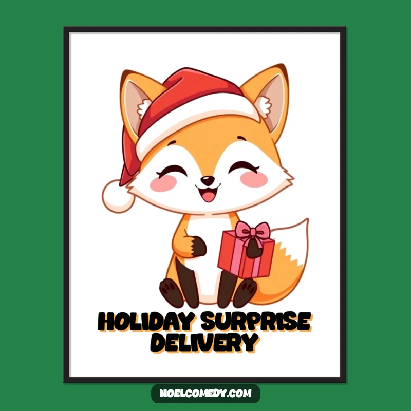 Funny Santa Fox Present Poster: Festive Wall Art for Holiday Smiles