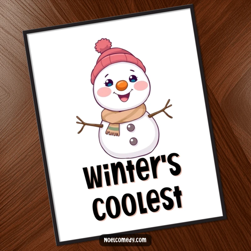 Funny snowman poster illustrating a happy character with a carrot nose, bringing cheerful winter vibes to any wall.
