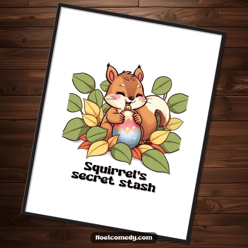 Funny Poster illustrating a giggling squirrel carefully hiding a shiny Christmas ornament within a pile of leaves.