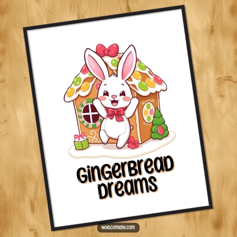 Funny poster print of a bouncing bunny festively decorating a gingerbread house, adding a sweet touch.