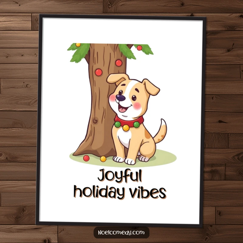 Funny poster artwork of a cheerful dog in a festive collar wagging its tail near a holiday tree.