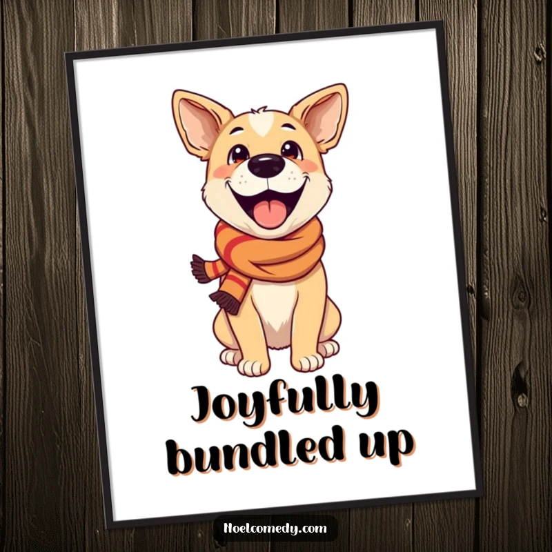 Funny Poster: An excited dog wearing a festive scarf, embodying pure joy and festive spirit for cheerful wall decor.