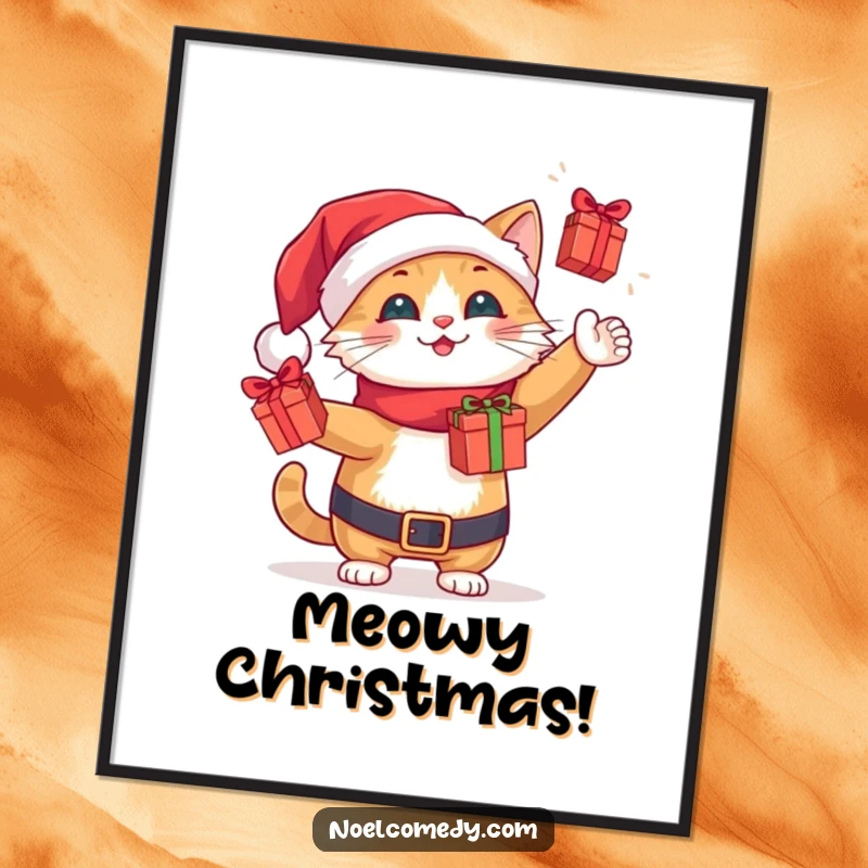Funny cheerful Santa cat juggling tiny wrapped gift boxes, presented as a festive art poster for holiday decoration.