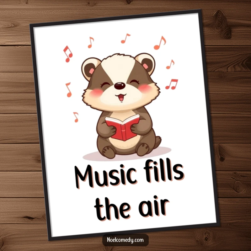 Funny poster artwork of a badger singing carols with musical notes floating around, spreading joy.