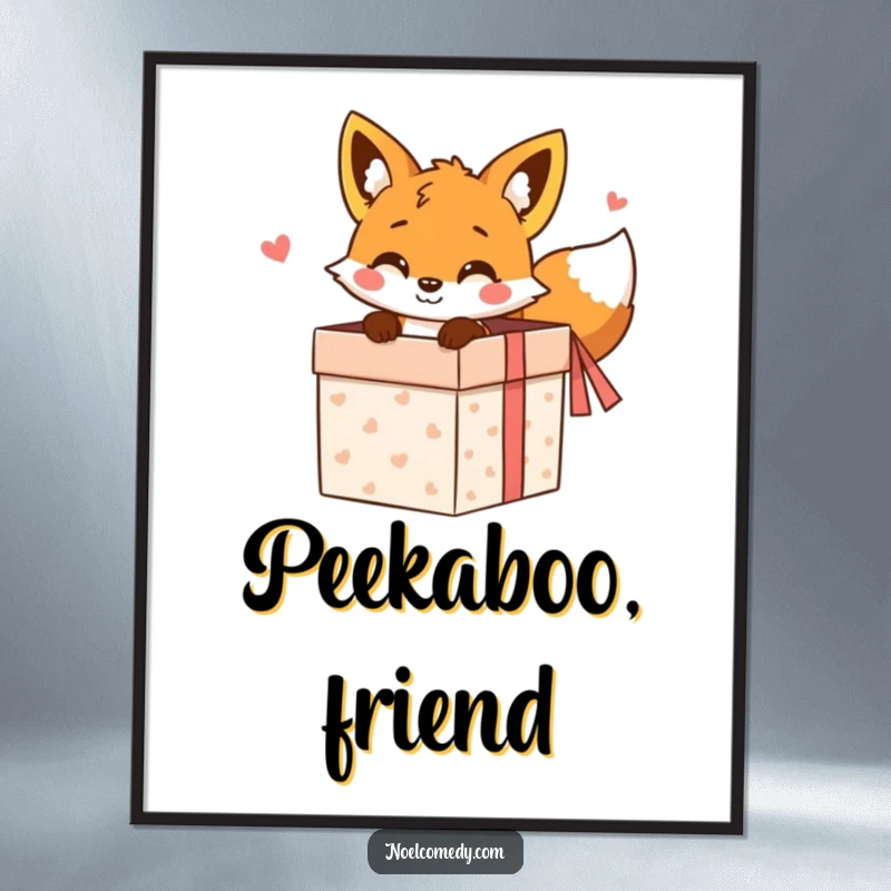 Funny Poster: A cheerful fox peeking from a gift box, bringing playful curiosity and humorous charm to wall art.