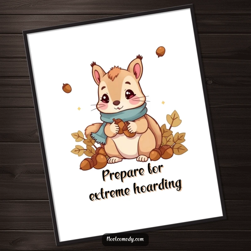 Funny Squirrel Poster: Cute squirrel wearing a scarf collecting acorns, bringing woodland charm and humor to your walls.