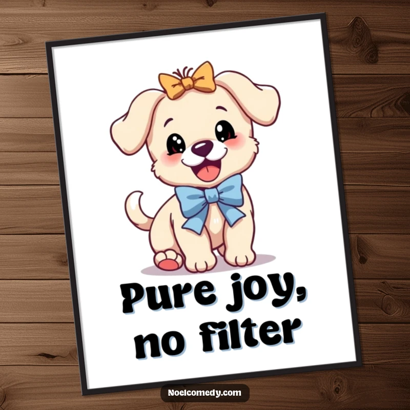 Funny poster art of a bouncing puppy with a festive bow wagging its tail furiously, perfect for dog lovers.