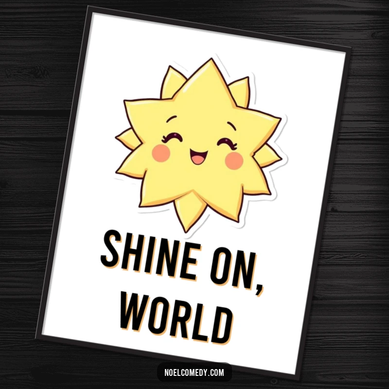 Funny poster print of a radiant star character with a wide, joyful smile, shining brightly and spreading happiness.