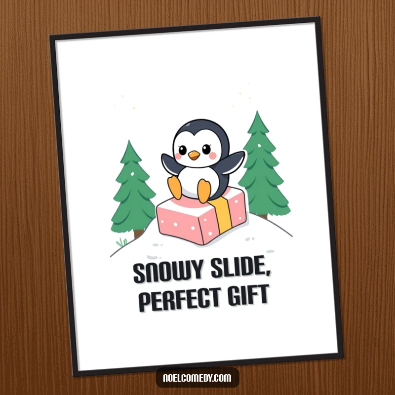 Funny poster illustration of a happy penguin character joyfully sliding down a snow-covered hill, using a colorful gift as a sled.