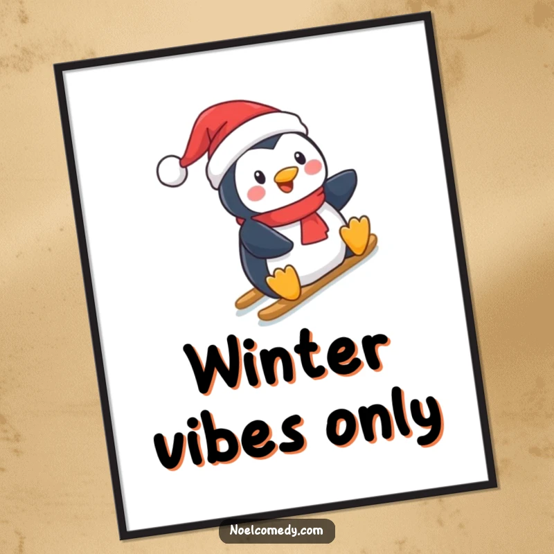 Funny Poster: A happy penguin wearing a Santa hat, sliding dynamically down a snow-covered hill, bringing festive fun.