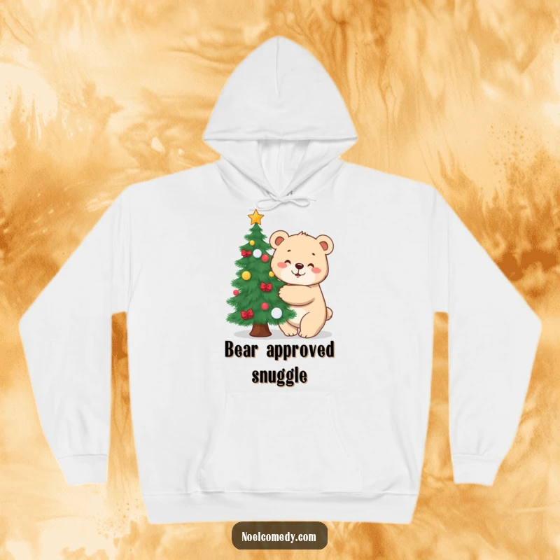 Funny hoodie depicting a cuddly bear cub giving a beautifully decorated Christmas tree a warm, festive hug.