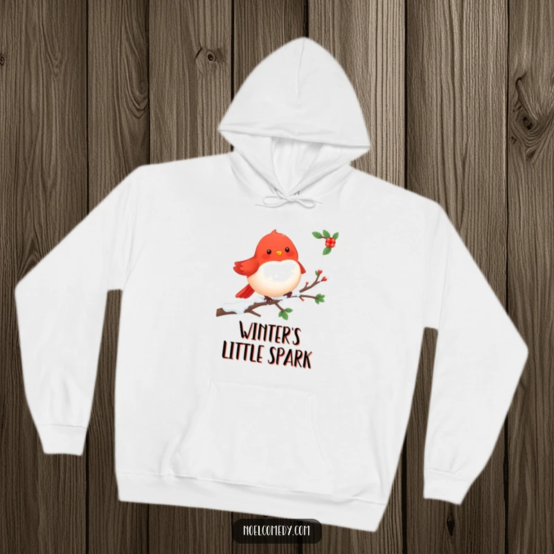 Cheerful Robin Hoodie: A cute red robin perched on a snowy branch, offering warmth and adorable winter charm.