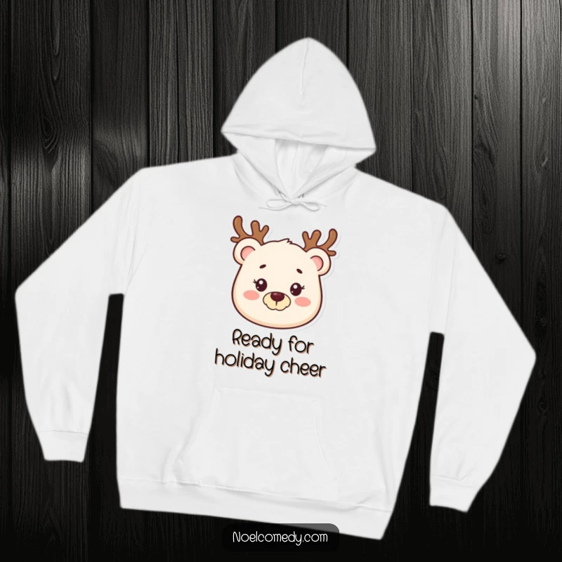 Funny hoodie with a smiling bear wearing a reindeer antler headband, perfect for staying warm and festive.
