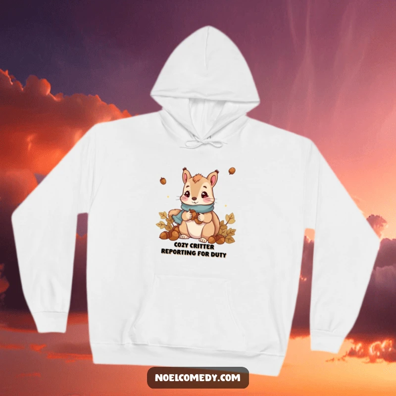 Funny Squirrel Hoodie: Cute squirrel in a scarf collecting acorns, offering warmth and humor for chilly days.