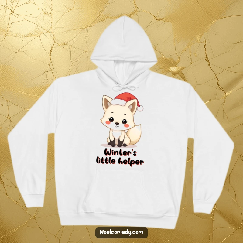 Funny arctic fox hoodie featuring a playful fox wearing a tiny Santa hat, designed for warmth and festive holiday enjoyment.
