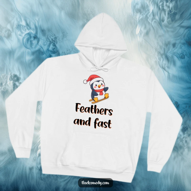 Funny Hoodie: A cheerful penguin in a Santa hat, depicted sliding joyfully down a snowy slope, perfect for winter enthusiasts.