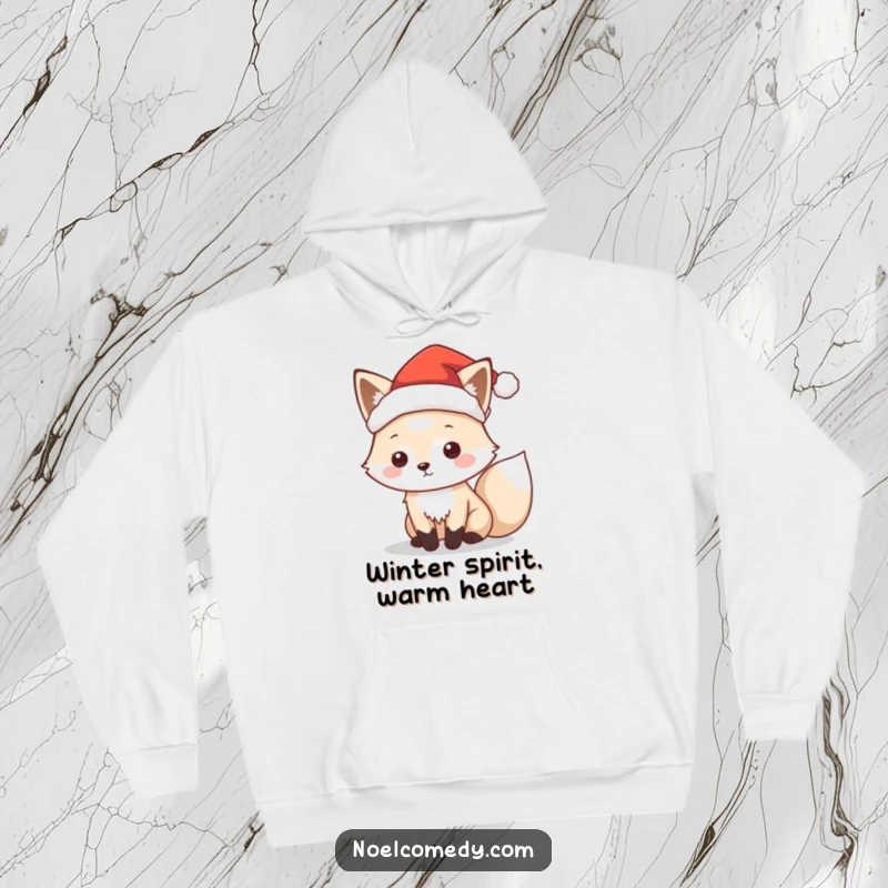 Funny, cozy hoodie featuring a playful arctic fox wearing a tiny Santa hat, ideal for holiday comfort.