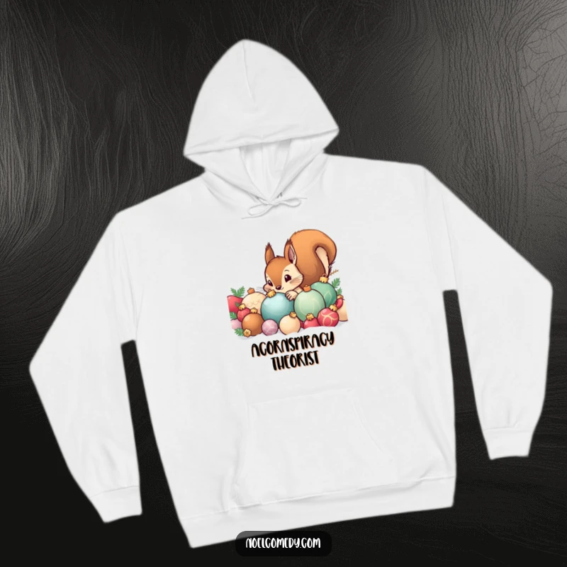 Funny hoodie depicting a curious squirrel peeking mischievously from behind a heap of colorful Christmas ornaments, perfect for holiday coziness.