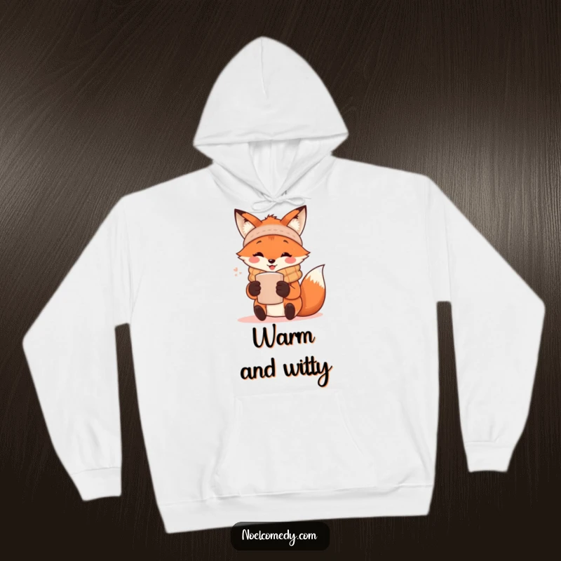 Funny Hoodie: A content fox wearing a warm scarf, holding a steaming mug, designed for ultimate cozy vibes and comfort.