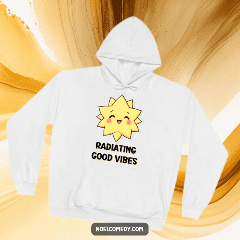Funny hoodie showcasing a luminous star character with a wide, happy smile, radiating celestial warmth and positive energy.