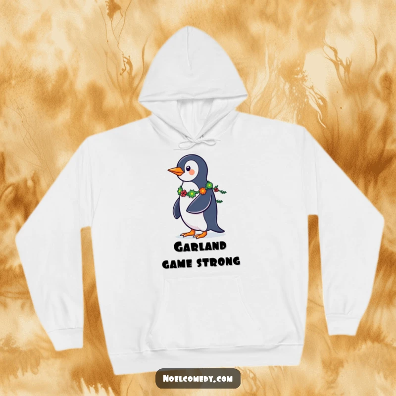 Funny Penguin Hoodie: A cozy hoodie depicting a strutting penguin with a garland tail, perfect for holiday warmth and humor.