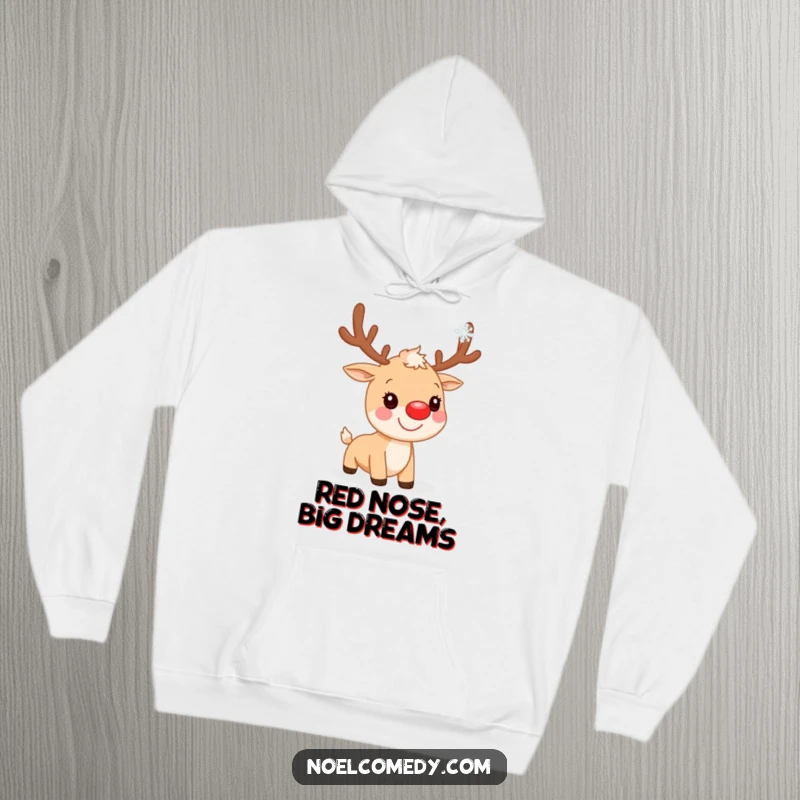 Funny Hoodie: A smiling reindeer with its iconic red nose, gently catching a snowflake, designed for holiday warmth.