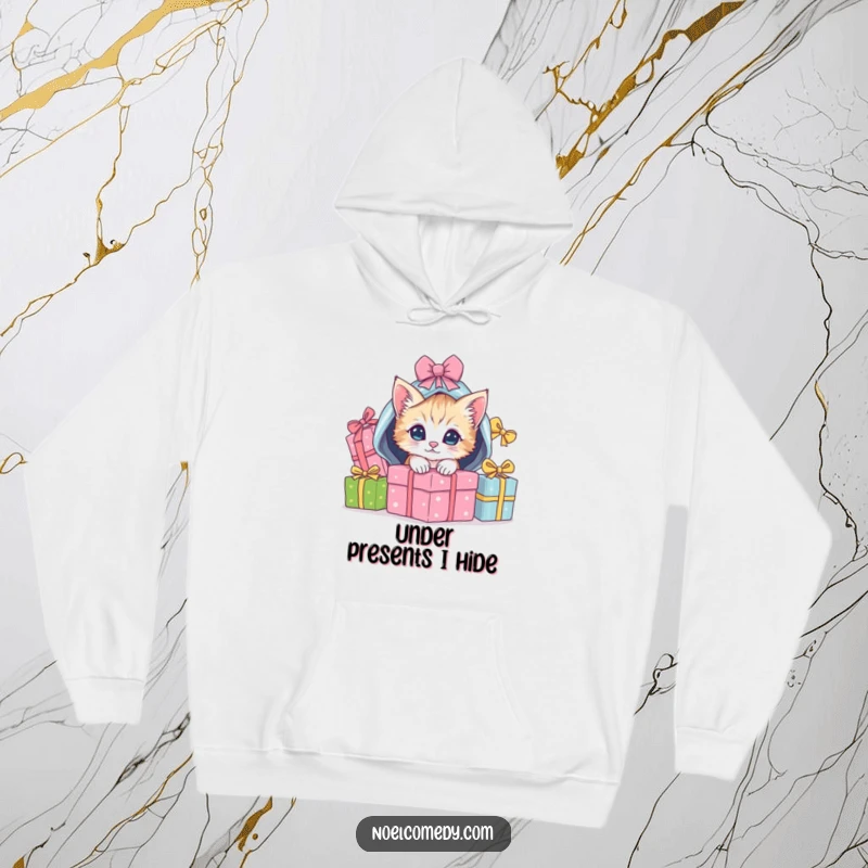 Funny Hoodie featuring a playful kitten peeking out from under a heap of wrapped Christmas gifts, perfect for warmth.