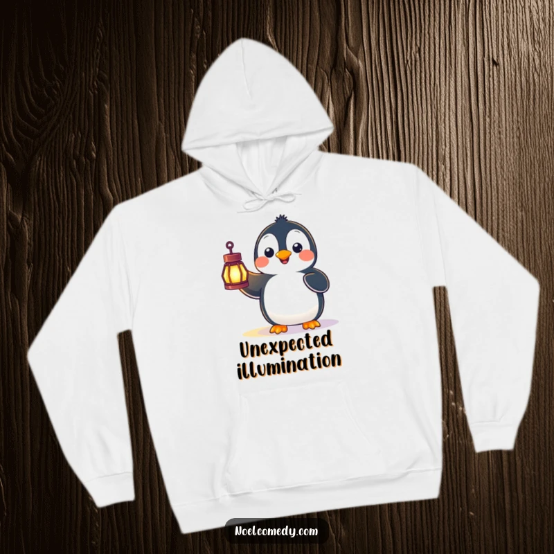 Funny hoodie design featuring a delighted penguin with wide, surprised eyes holding up a luminous lantern, symbolizing curiosity and wonder.