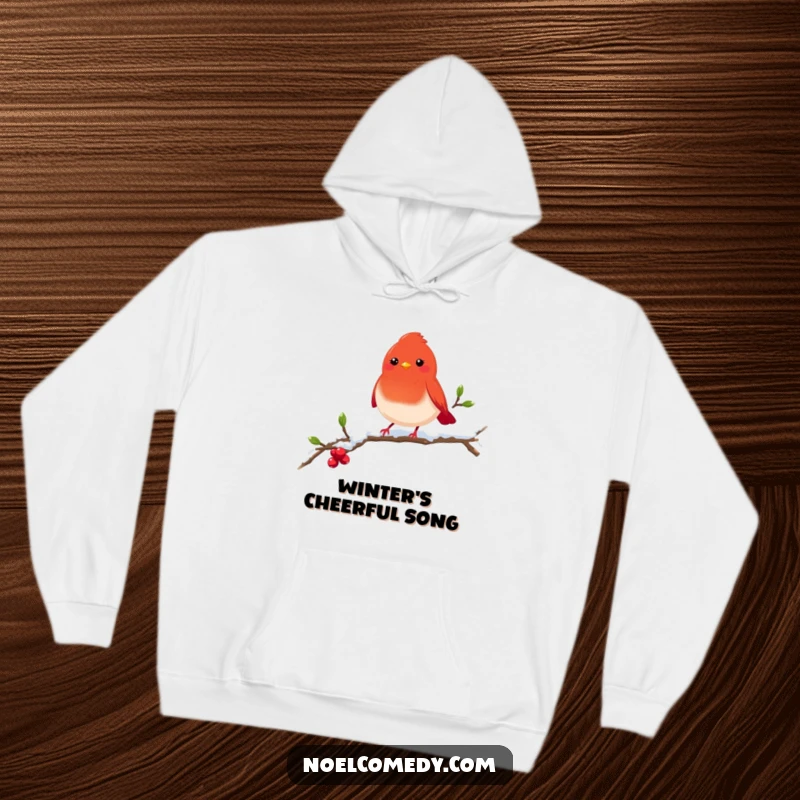 Funny red robin hoodie featuring a cheerful bird on a snowy branch, providing warmth and winter-themed charm.