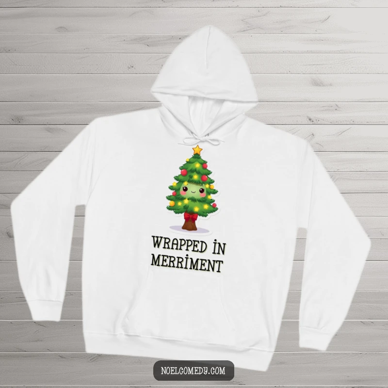 Festive Pine Tree Hoodie: A smiling pine tree character covered in twinkling lights and stars, offering cozy holiday cheer and comfort.