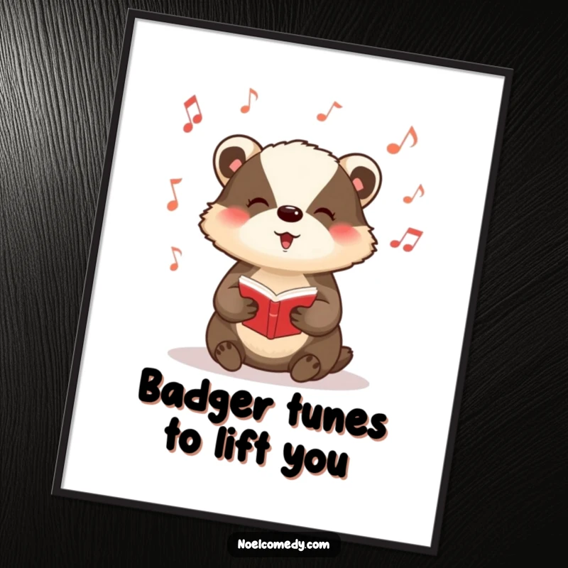 Funny Free Printable Wall Art: A badger animatedly singing carols, with whimsical musical notes floating around, creating a lively atmosphere.