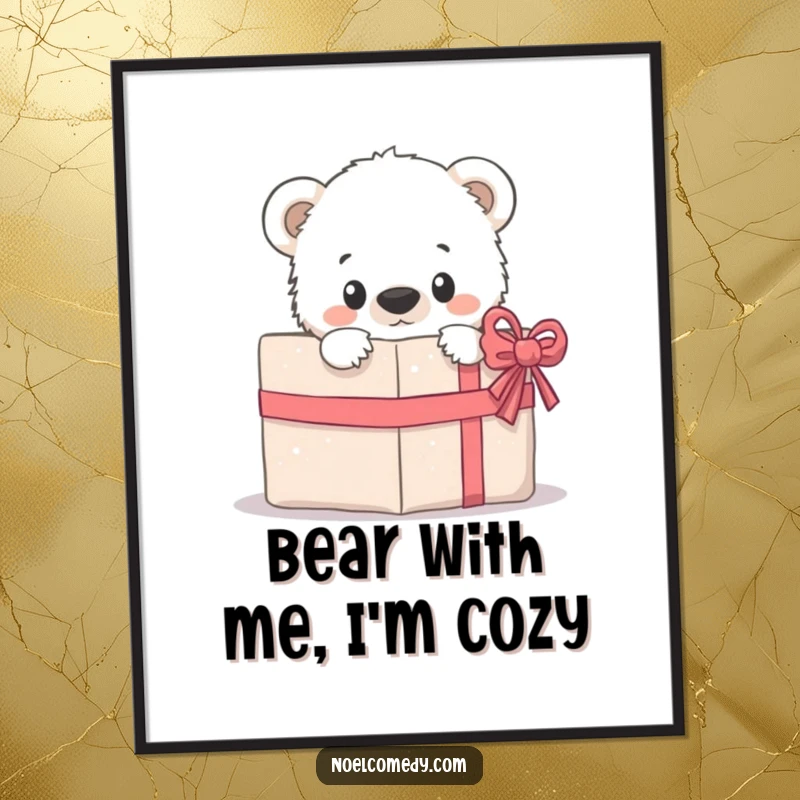 Funny Free Printable Wall Art: A curious polar bear cub peeking out from behind a festive wrapped gift.