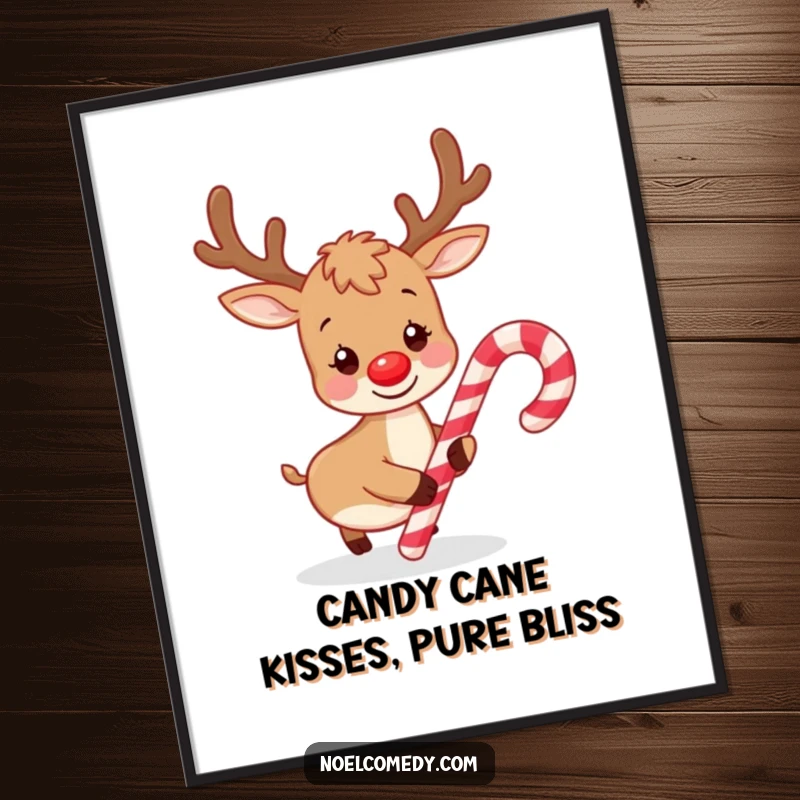 Funny Free Printable Wall Art of a playful reindeer gently nudging a candy cane with its cute nose.