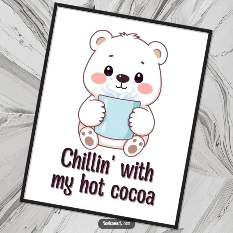 Funny Free Printable Wall Art of a smiling polar bear holding a steaming mug, bringing warmth and humor to your decor.