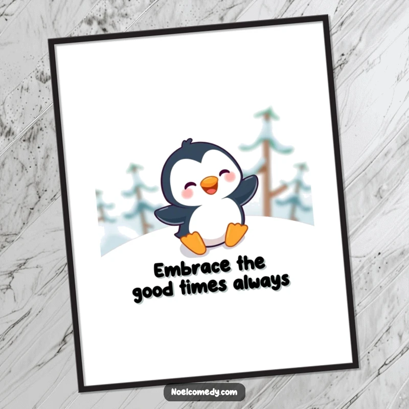 Funny Free Printable Wall Art: A happy penguin giggling as it slides gleefully down a pristine, snow-covered hill.