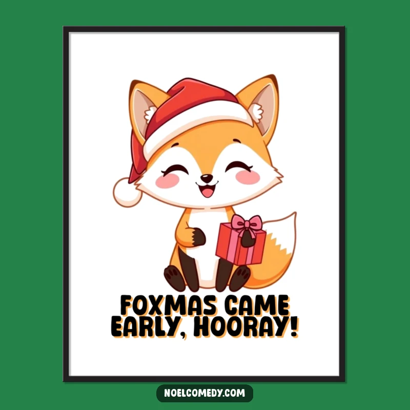 Funny Free Printable Wall Art: Fox Santa Hat Present Downloadable Decor