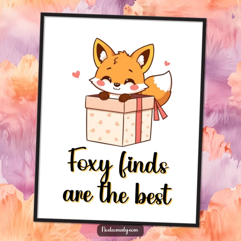 Funny Free Printable Wall Art: A cheerful fox peeking from a gift box, adding playful decor.