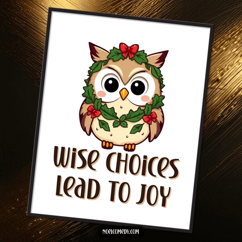 Funny Free Printable Wall Art: A curious owl character wearing a festive wreath, perfect for adding wise DIY decor.
