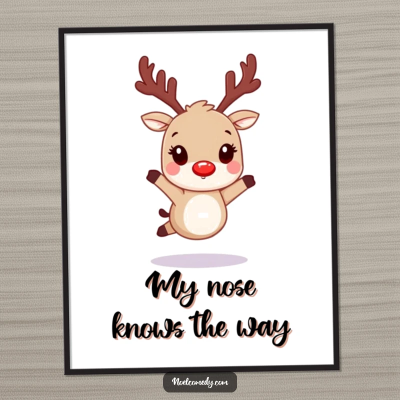 Funny Free Printable Wall Art of a hopping reindeer with distinctive glowing red nostrils, bringing festive cheer to your decor.