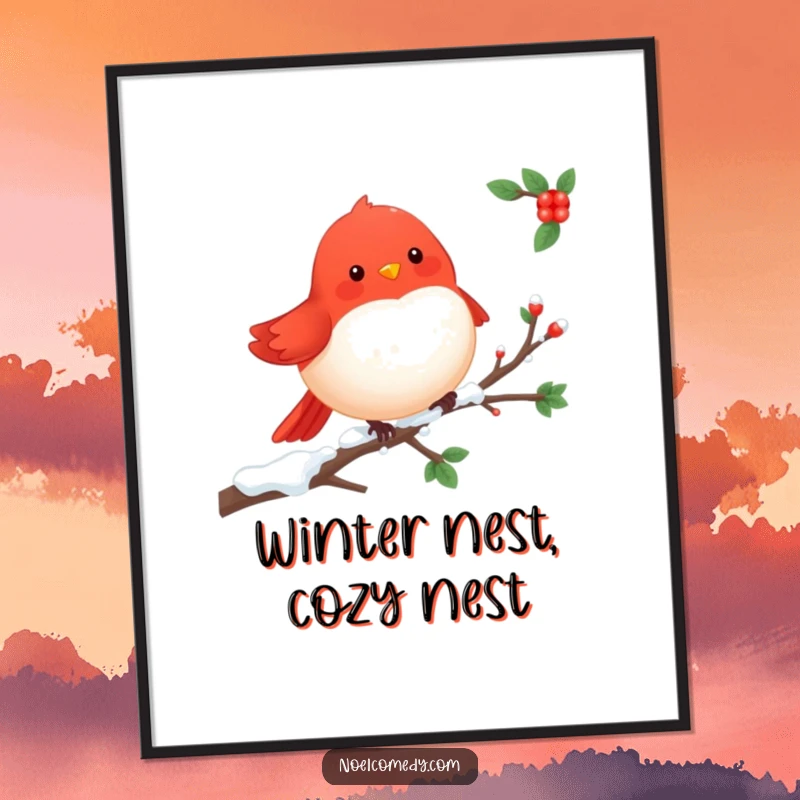 Funny Free Printable Wall Art: Cheerful red robin character perched on a snowy branch, whimsical winter art.