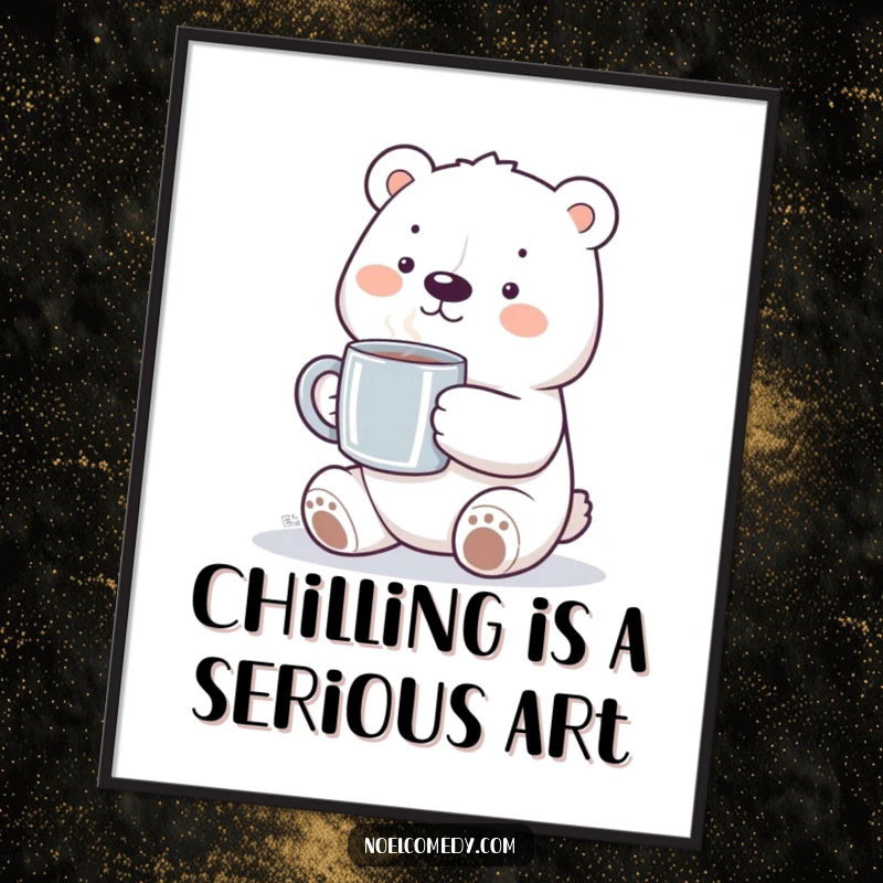 Free Printable Wall Art: A smiling polar bear character warmly holding a steaming mug, radiating cozy vibes.
