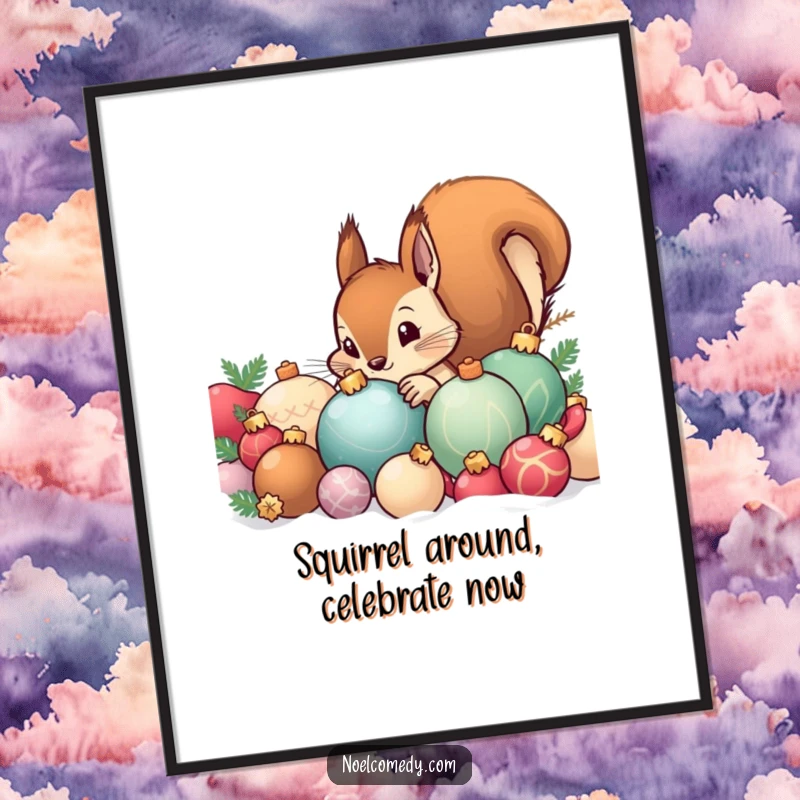 Funny free printable wall art: Curious squirrel peeking from a pile of festive ornaments, adding whimsical decor.