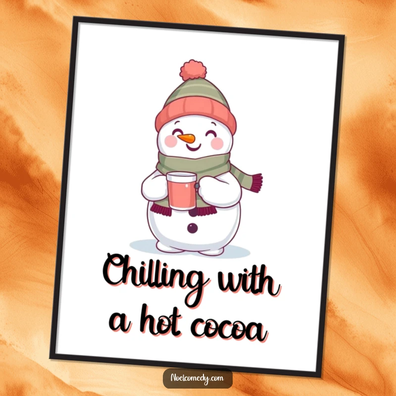 Funny Free Printable Wall Art: A delighted snowman wearing a scarf holds a warm drink, radiating cozy winter vibes.