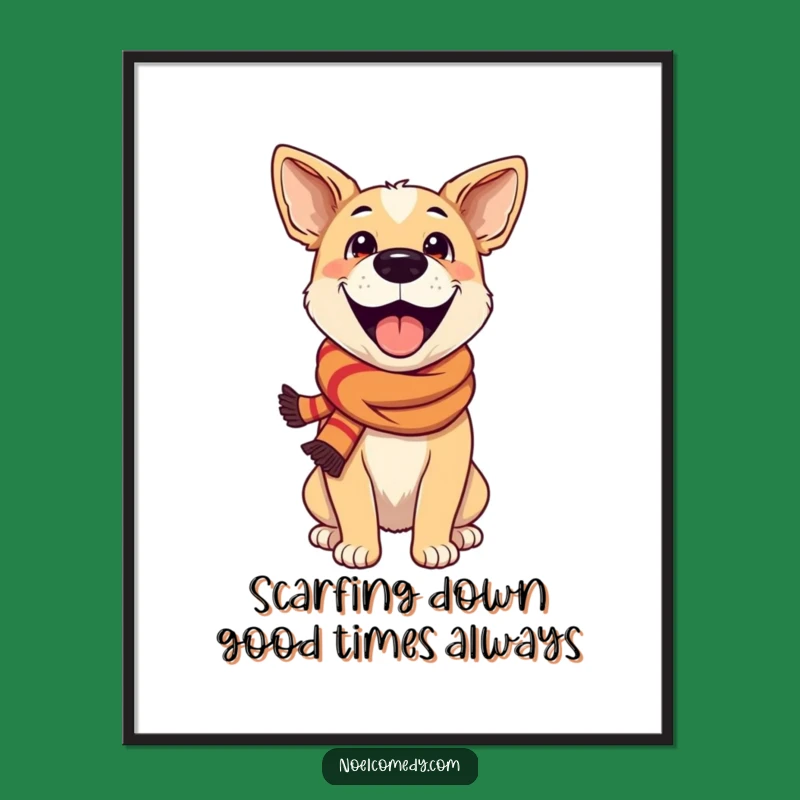Free Printable Wall Art: Excited Dog in Scarf, Humorous Downloadable Decor