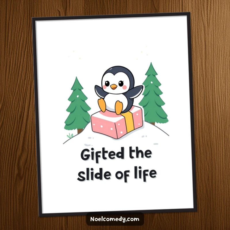 Funny Free Printable Wall Art: A cheerful penguin playfully sledding down a snowy mound on top of a holiday gift.