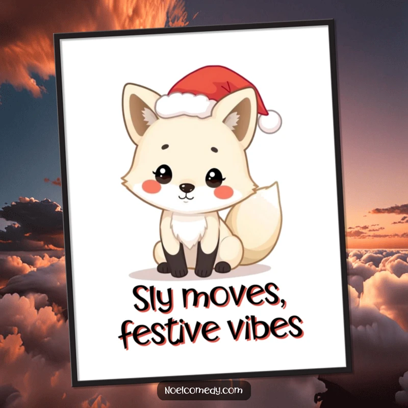 Free Printable Wall Art: A playful arctic fox character wearing a tiny Santa hat, looking mischievously festive.